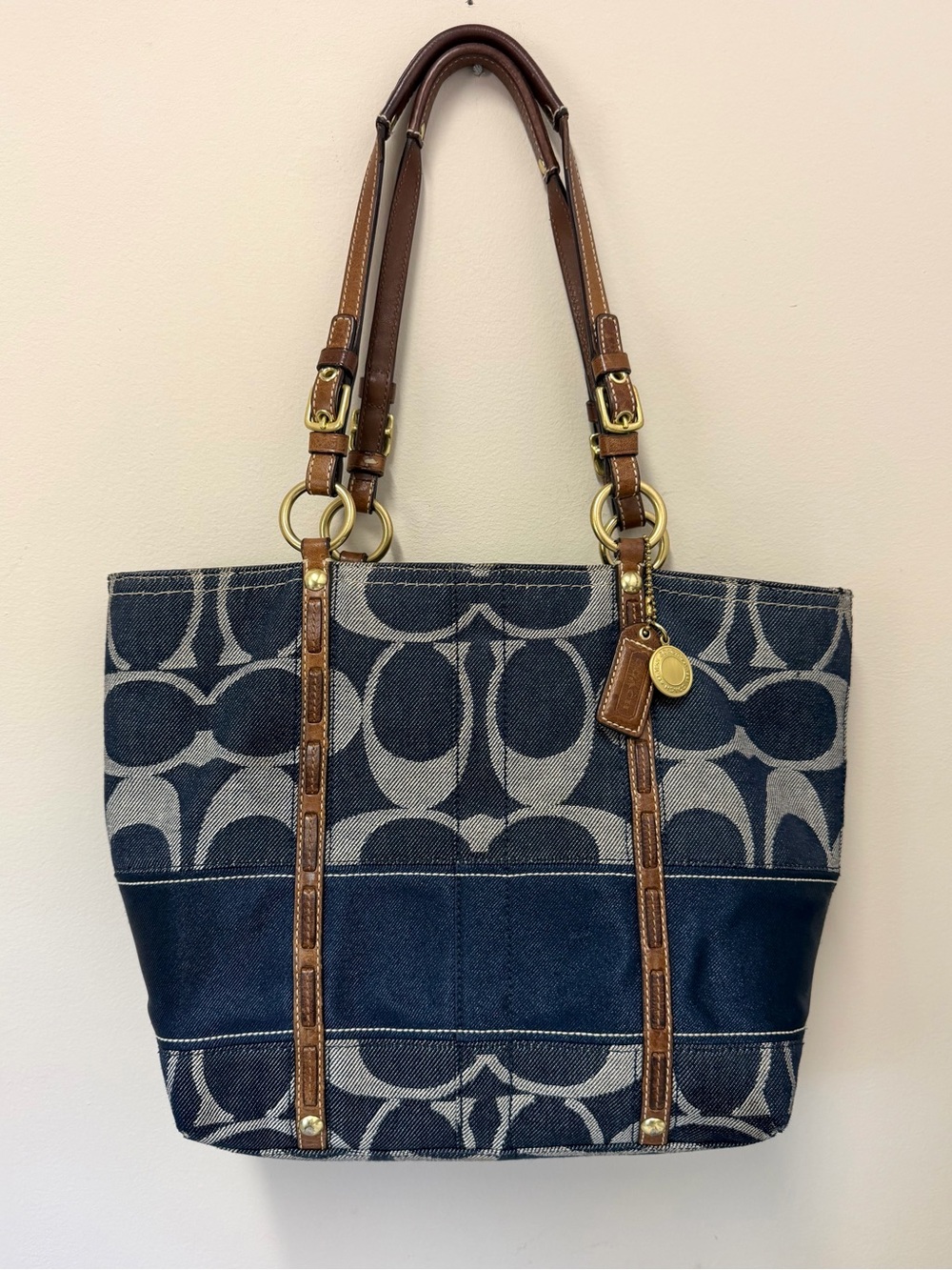 Coach Legacy Stripe Signature Denim Tote with Leather Trim